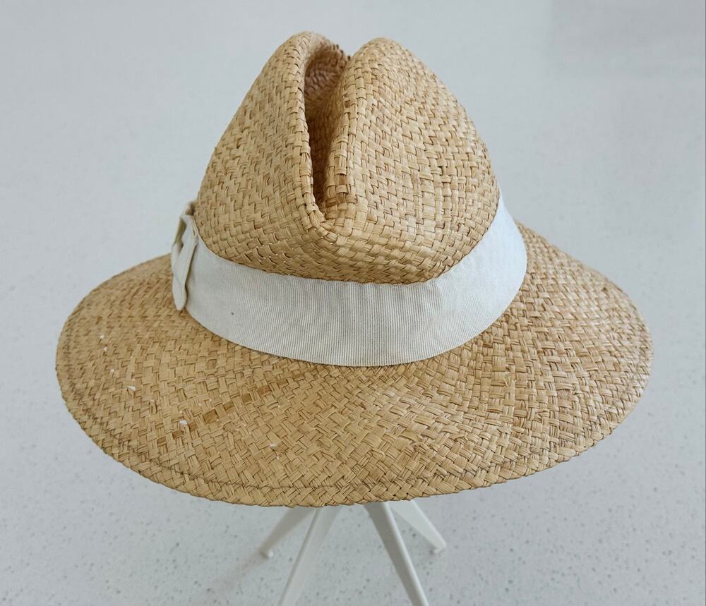 Vintage Saks Fifth Avenue Italian Straw Fedora Hat White Ribbon